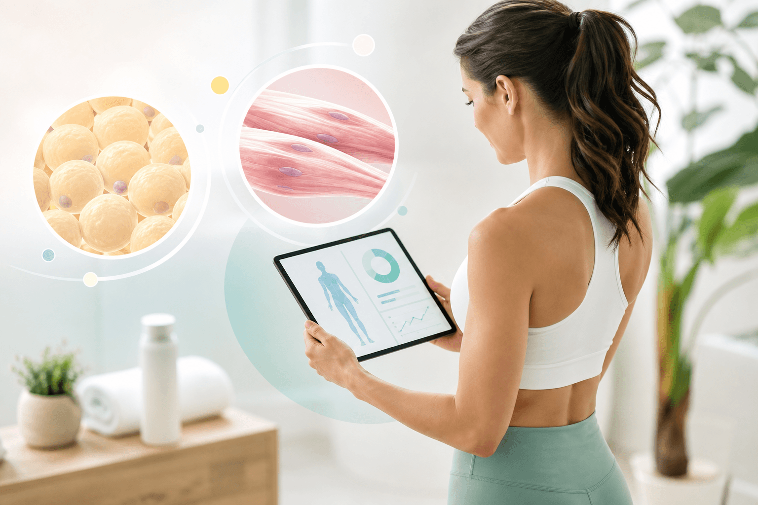 A fit person looking at body composition metrics on a tablet, with subtle illustrations of fat and muscle cells, wellness aesthetic