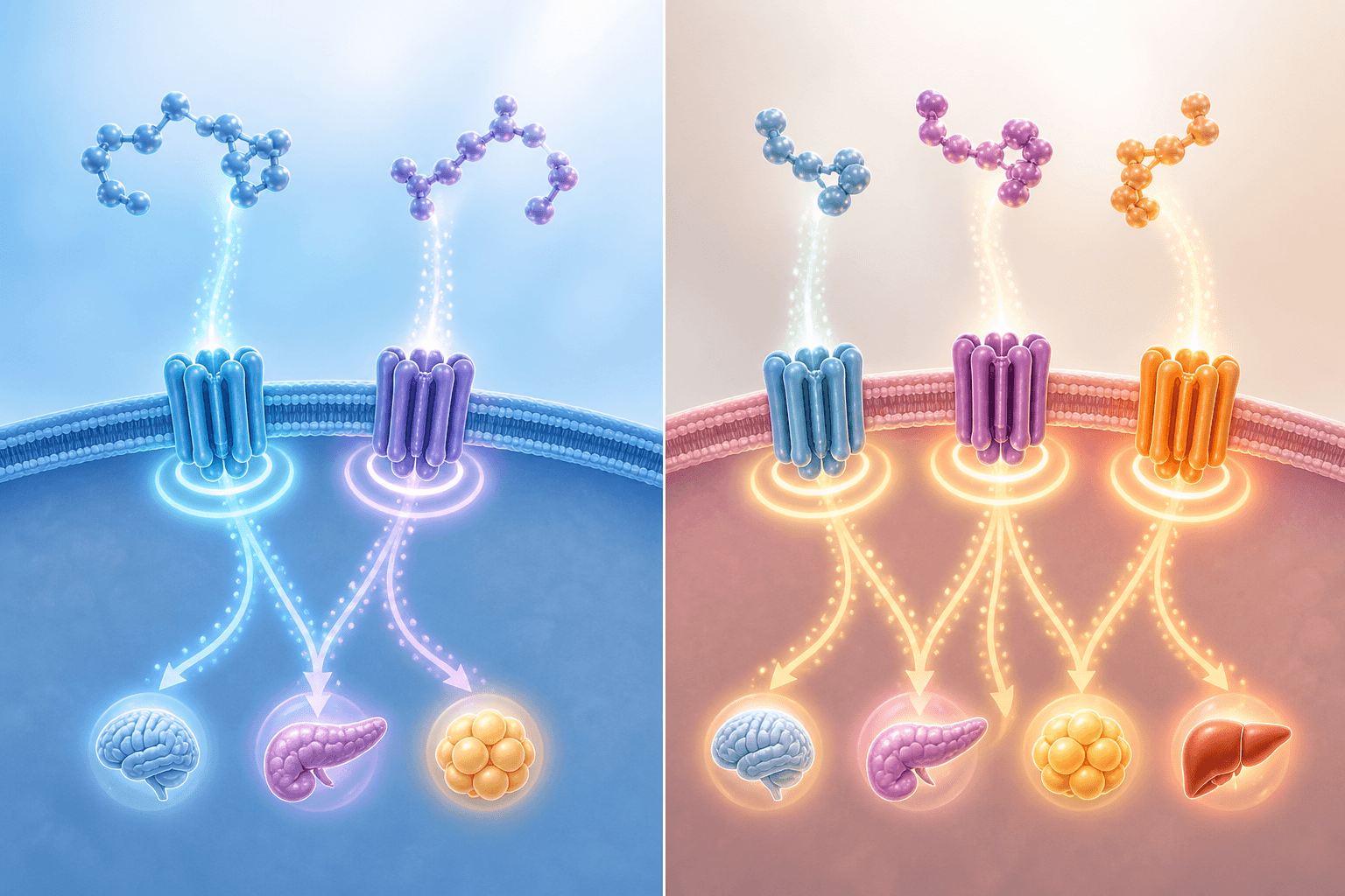 A split-screen infographic showing molecular pathways: left side depicts dual receptor activation (GIP + GLP-1), right side shows triple receptor activation (GIP + GLP-1 + glucagon), with glowing receptor nodes and flowing energy particles