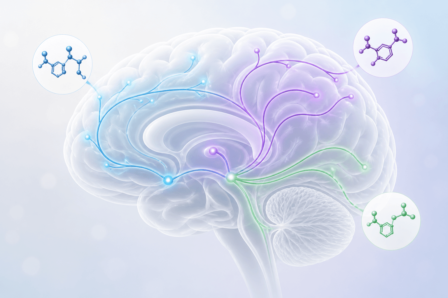Minimalist illustration of brain neural pathways with highlighted dopamine, serotonin, and norepinephrine molecules in blue, purple, and green