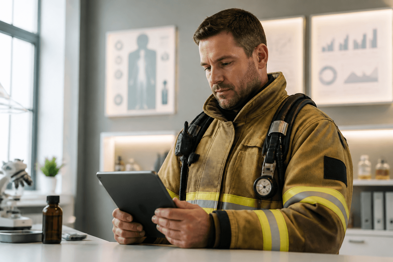 A firefighter or first responder in tactical gear reviewing health data on a tablet in a modern medical or wellness setting